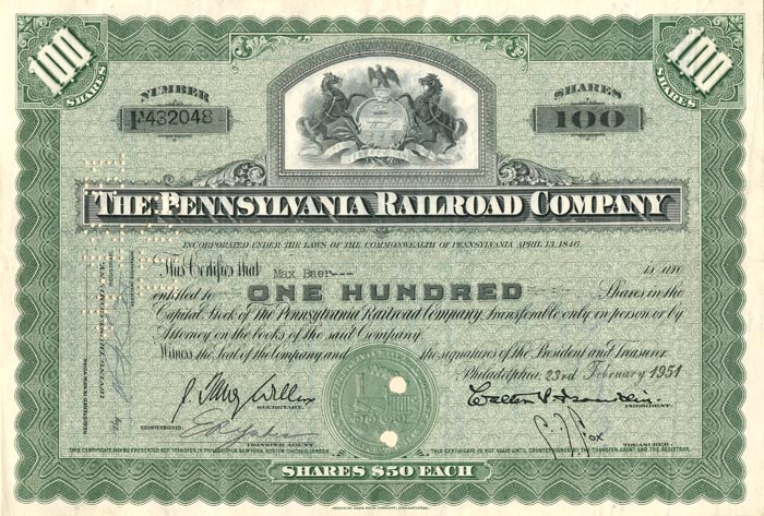 Max Baer signed Pennsylvania Railroad Co. Stock Certificate - Famous Boxer Autograph
